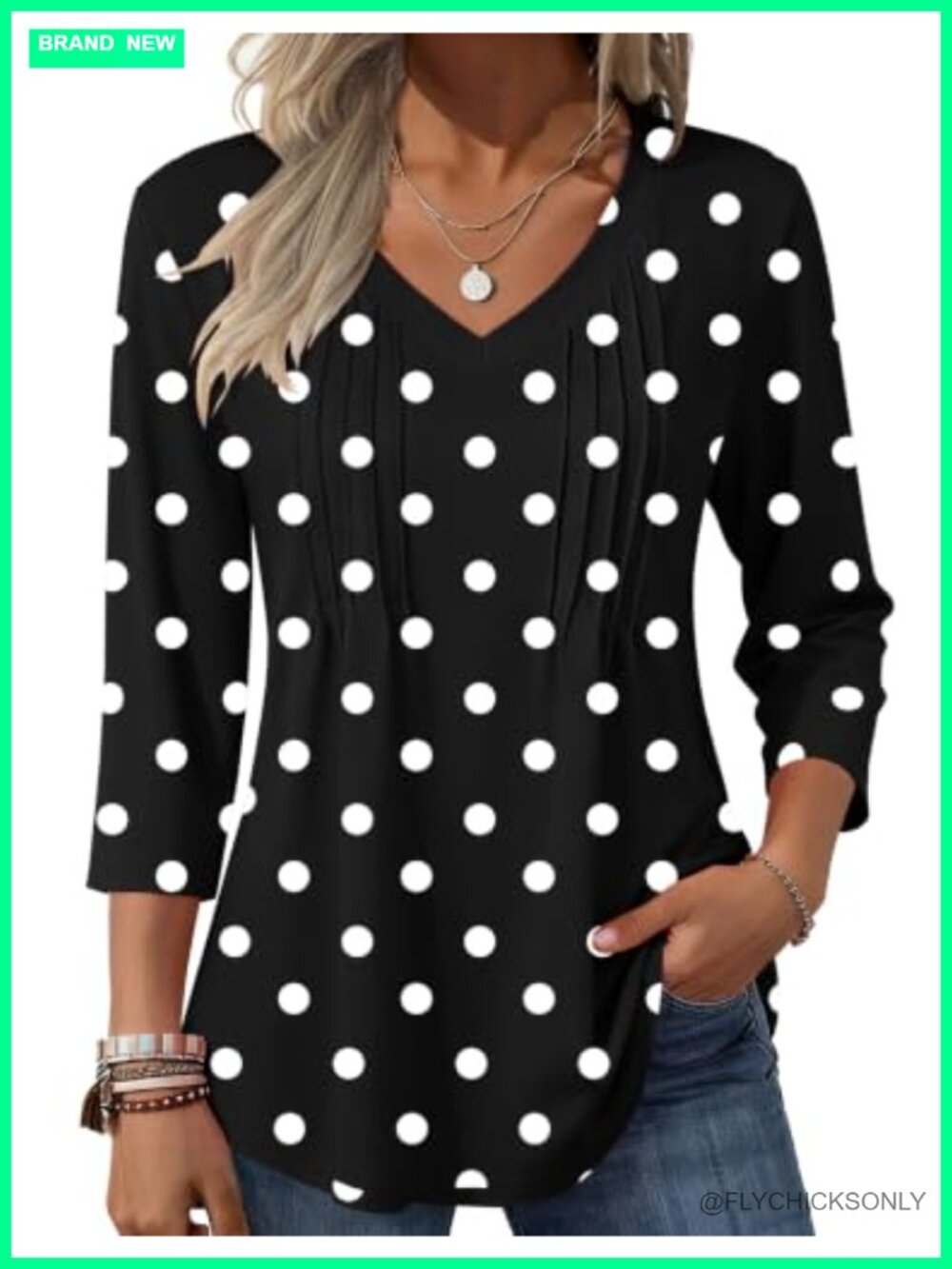 3/4 Sleeve Womens Tops V Neck Pleated Boho Floral Blouse